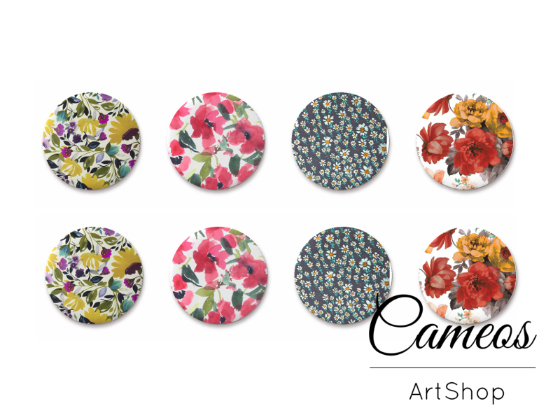 8 pieces round glass cabochons 8mm up to 18mm, Floral Motive- C1507 - Cameos Art Shop