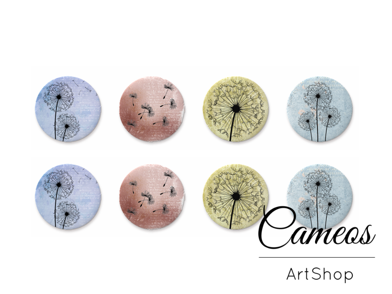 8 pieces round glass cabochons 8mm up to 18mm, Dandelion Motive- C1508 - Cameos Art Shop