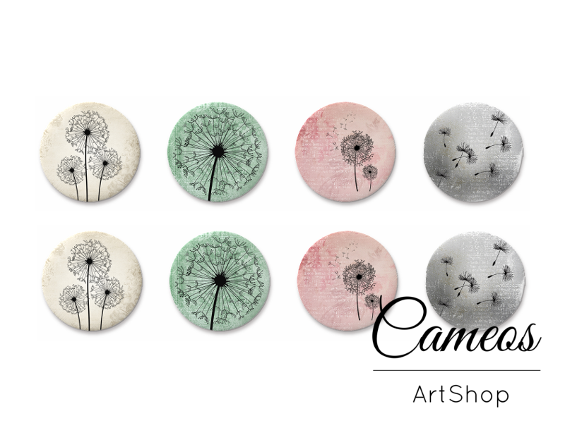 8 pieces round glass cabochons 8mm up to 18mm, Dandelion Motive- C1510 - Cameos Art Shop