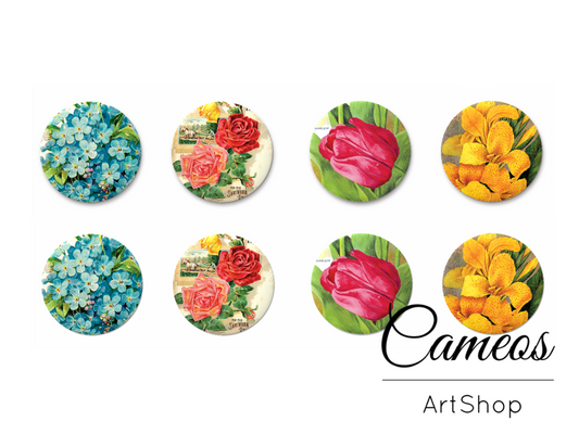 8 pieces round glass cabochons 8mm up to 18mm, Flower Motive- C1513 - Cameos Art Shop