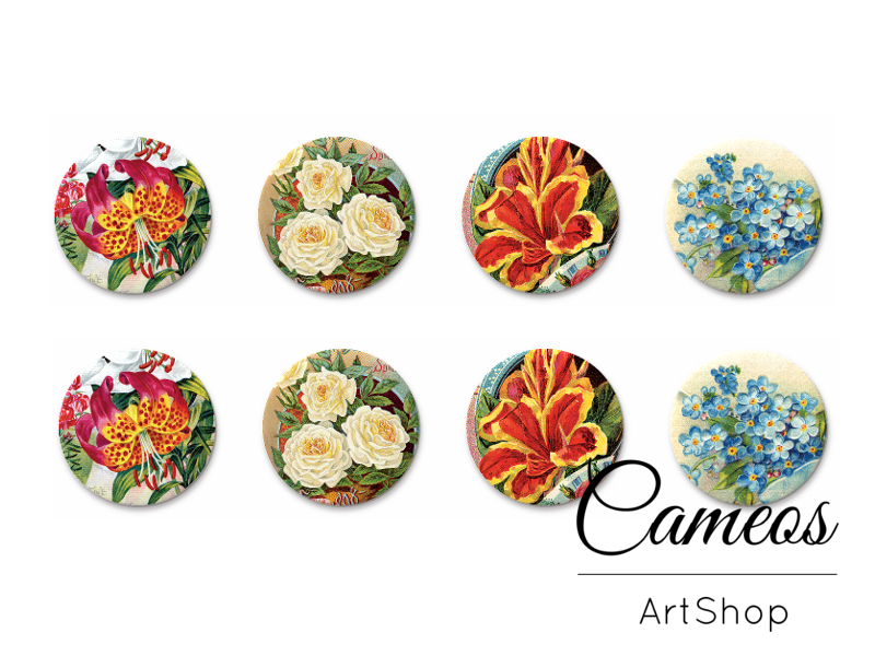 8 pieces round glass cabochons 8mm up to 18mm, Flower Motive- C1514 - Cameos Art Shop