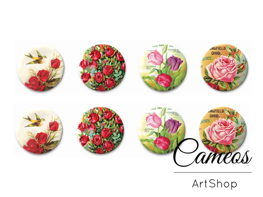 8 pieces round glass cabochons 8mm up to 18mm, Flower Motive- C1515 - Cameos Art Shop