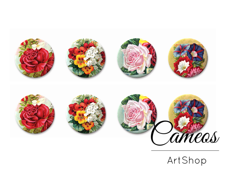 8 pieces round glass cabochons 8mm up to 18mm, Flower Motive- C1516 - Cameos Art Shop