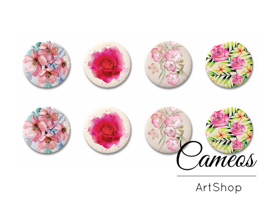 8 pieces round glass cabochons 8mm up to 18mm, Floral Motive- C1517 - Cameos Art Shop
