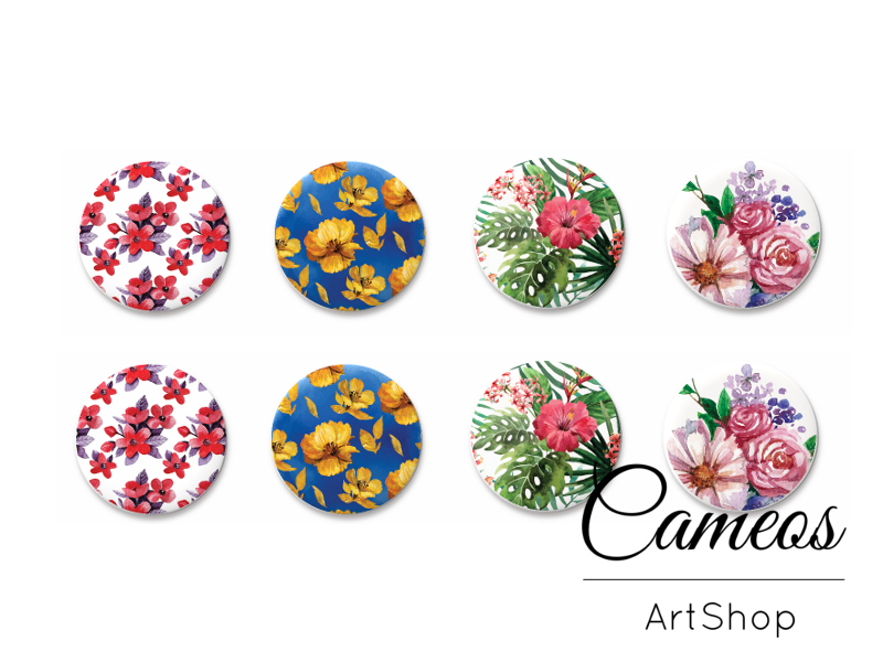 8 pieces round glass cabochons 8mm up to 18mm, Floral Motive- C1518 - Cameos Art Shop