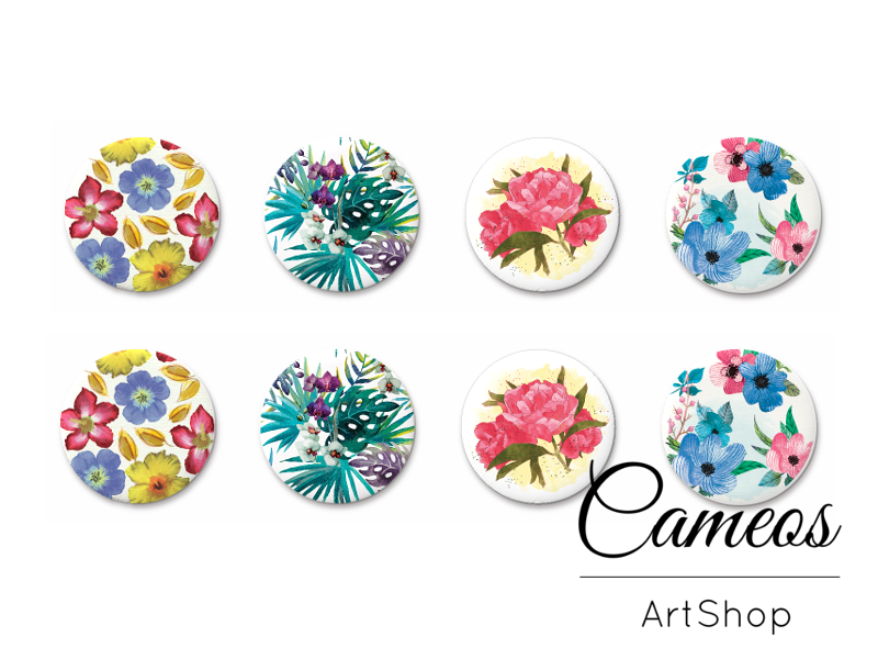 8 pieces round glass cabochons 8mm up to 18mm, Floral Motive- C1519 - Cameos Art Shop