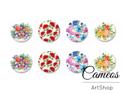8 pieces round glass cabochons 8mm up to 18mm, Floral Motive- C1520 - Cameos Art Shop