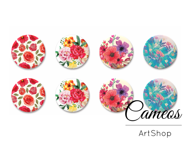 8 pieces round glass cabochons 8mm up to 18mm, Spring Flowers Motive- C1521 - Cameos Art Shop