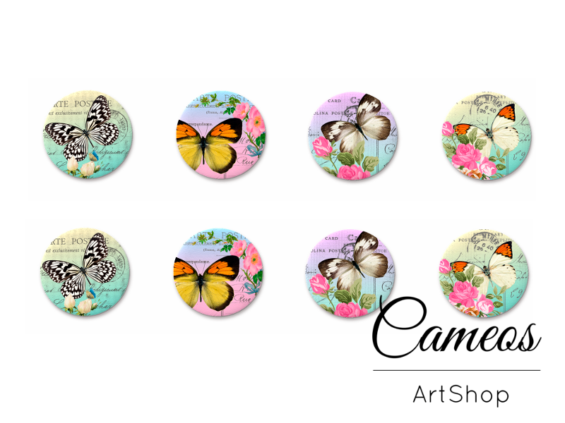 8 pieces round glass cabochons 8mm up to 18mm, Butterfly Motive- C1522 - Cameos Art Shop