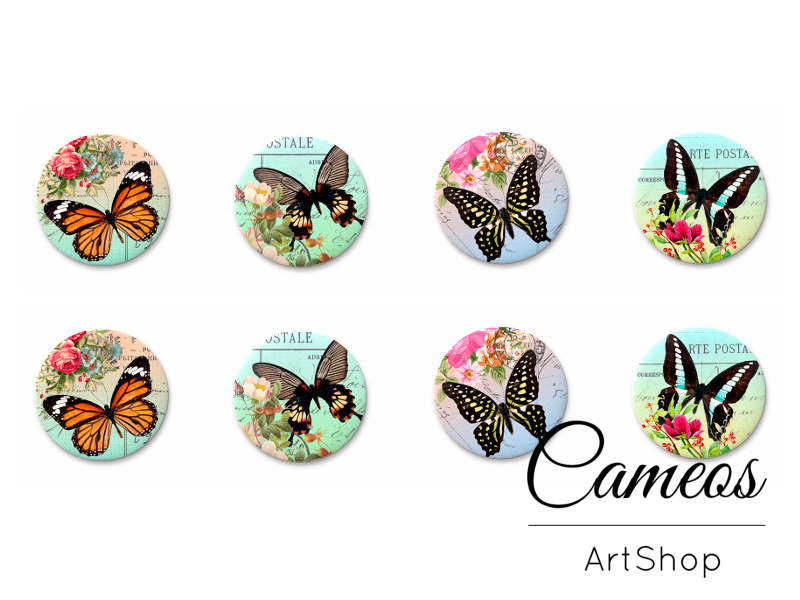 Handmade round flat back glass cabochons with Butterfly Pattern.These dome-shaped glass cabochons are perfect for making handmade photo jewelry or unique and thoughtful DIY gift for your loved ones.