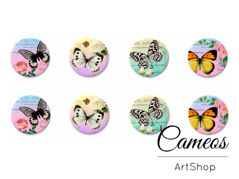 8 pieces round glass cabochons 8mm up to 18mm, Butterfly Motive- C1524 - Cameos Art Shop