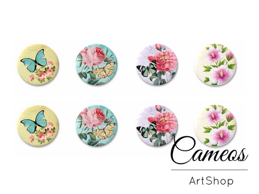 8 pieces round glass cabochons 8mm up to 18mm, Butterfly Motive- C1525 - Cameos Art Shop