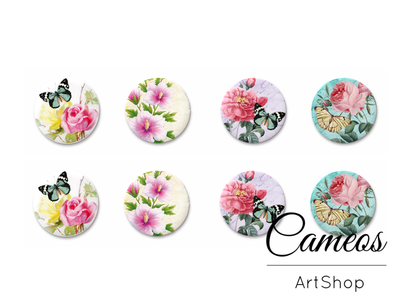 8 pieces round glass cabochons 8mm up to 18mm, Butterfly Motive- C1530 - Cameos Art Shop