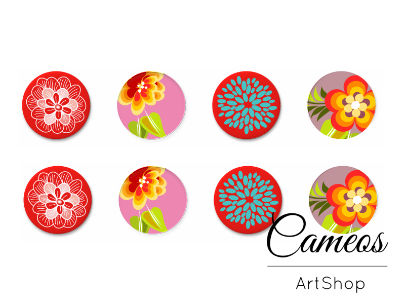 8 pieces round glass cabochons 8mm up to 18mm, Floral Motive- C1533 - Cameos Art Shop