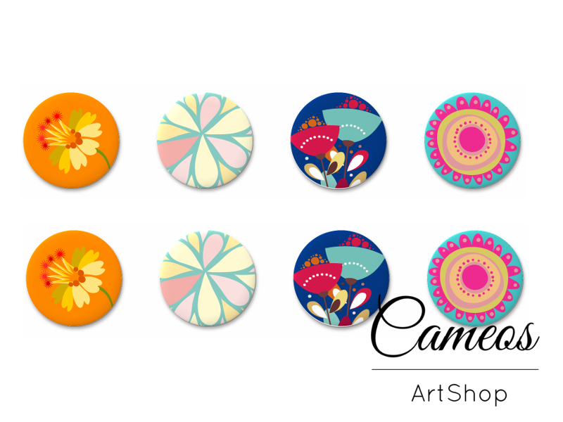 8 pieces round glass cabochons 8mm up to 18mm, Floral Motive- C1534 - Cameos Art Shop
