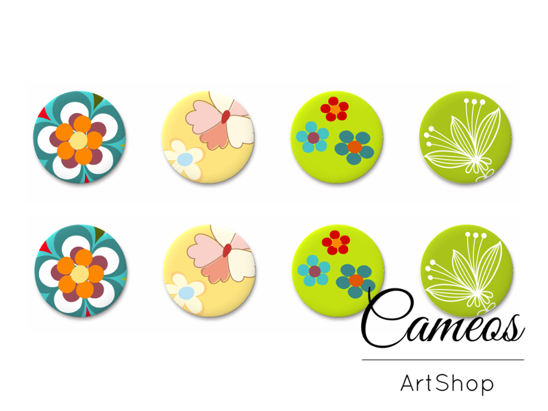 8 pieces round glass cabochons 8mm up to 18mm, Floral Motive- C1535 - Cameos Art Shop