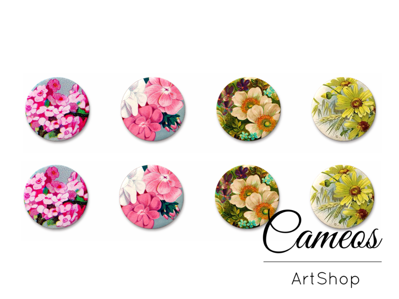 8 pieces round glass cabochons 8mm up to 18mm, Spring Flowers Motive- C1536 - Cameos Art Shop