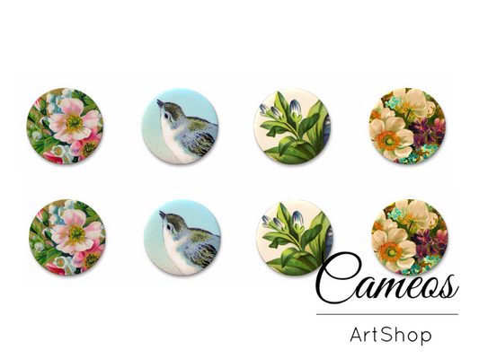 8 pieces round glass cabochons 8mm up to 18mm, Flowers Motive- C1537 - Cameos Art Shop