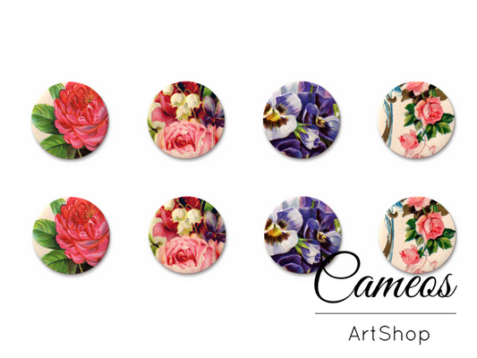 8 pieces round glass cabochons 8mm up to 18mm, Flowers Motive- C1538 - Cameos Art Shop
