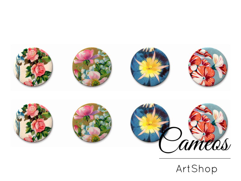8 pieces round glass cabochons 8mm up to 18mm, Flowers Motive- C1539 - Cameos Art Shop