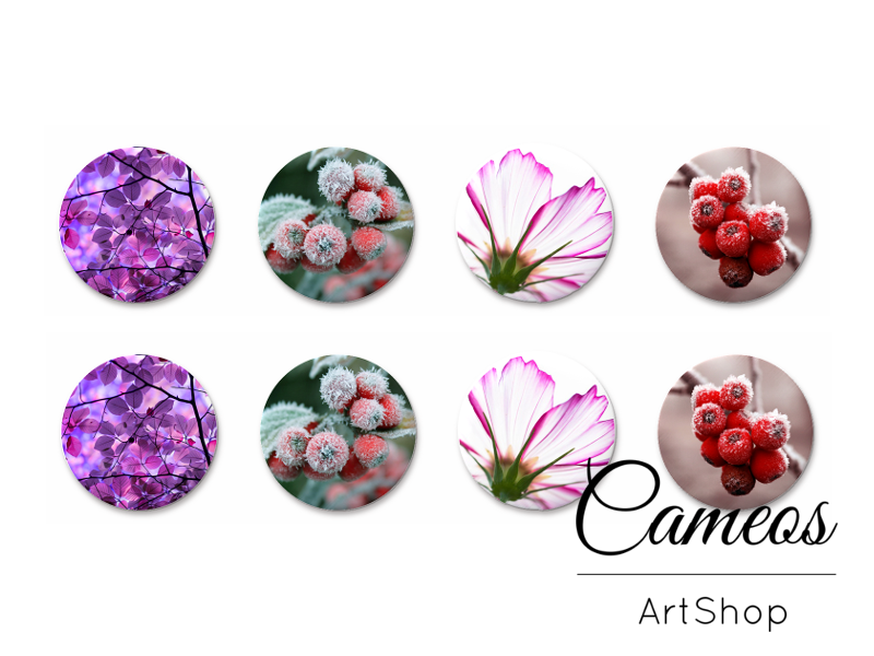 8 pieces round glass cabochons 8mm up to 18mm, Flowers Motive- C1540 - Cameos Art Shop