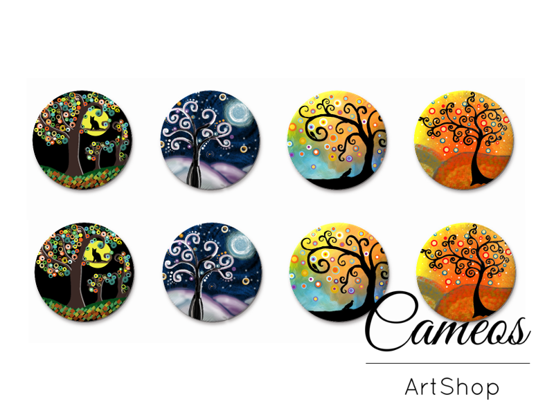 8 pieces round glass cabochons 8mm up to 18mm, Colorful Tree Motive- C1547 - Cameos Art Shop
