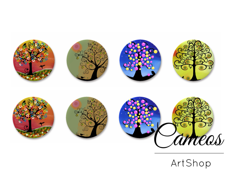 8 pieces round glass cabochons 8mm up to 18mm, Colorful Tree Motive- C1548 - Cameos Art Shop