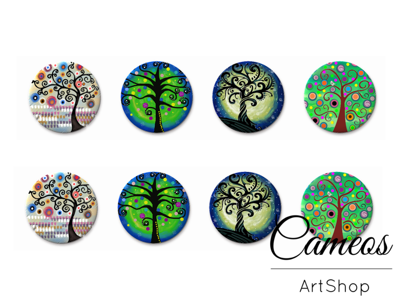 8 pieces round glass cabochons 8mm up to 18mm, Green Tree Motive- C1549 - Cameos Art Shop