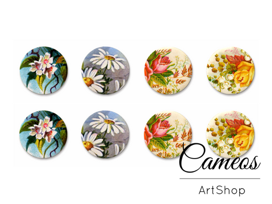 8 pieces round glass cabochons 8mm up to 18mm, Flowers Motive- C1551 - Cameos Art Shop