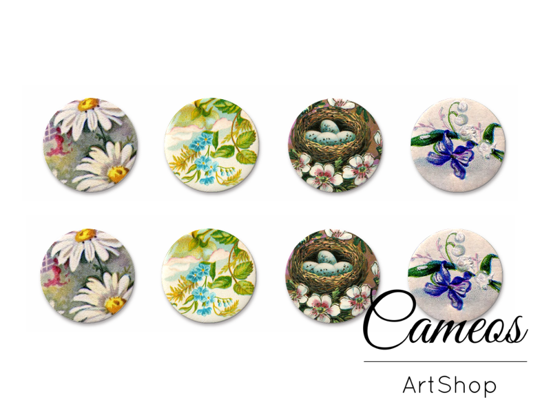 8 pieces round glass cabochons 8mm up to 18mm, Flowers Motive- C1552 - Cameos Art Shop