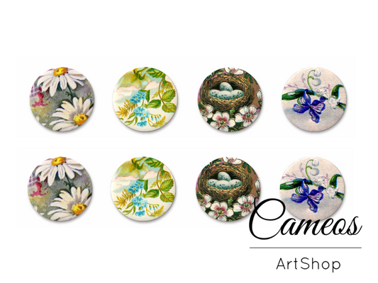 8 pieces round glass cabochons 8mm up to 18mm, Flowers Motive- C1552 - Cameos Art Shop