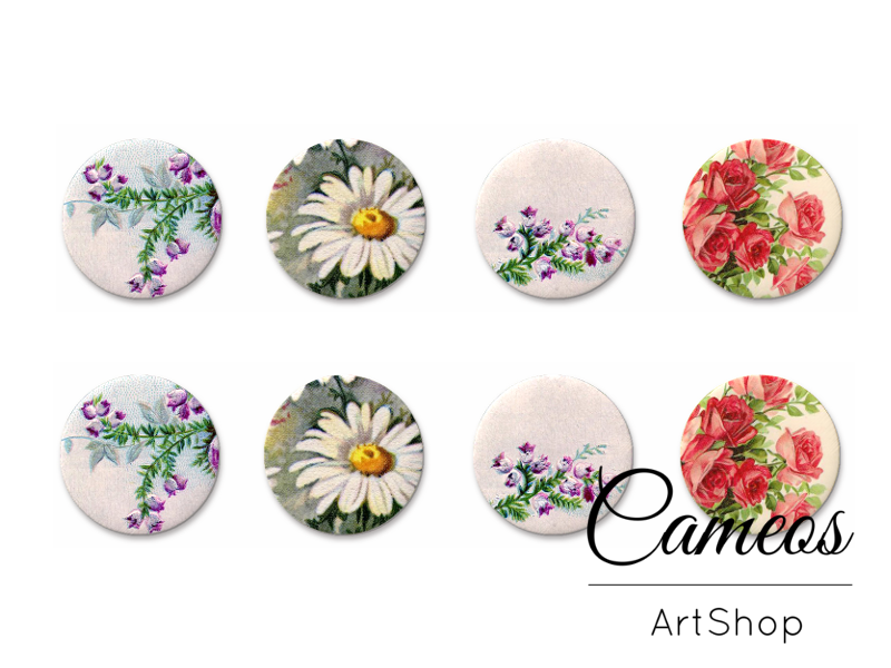 8 pieces round glass cabochons 8mm up to 18mm, Flowers Motive- C1553 - Cameos Art Shop