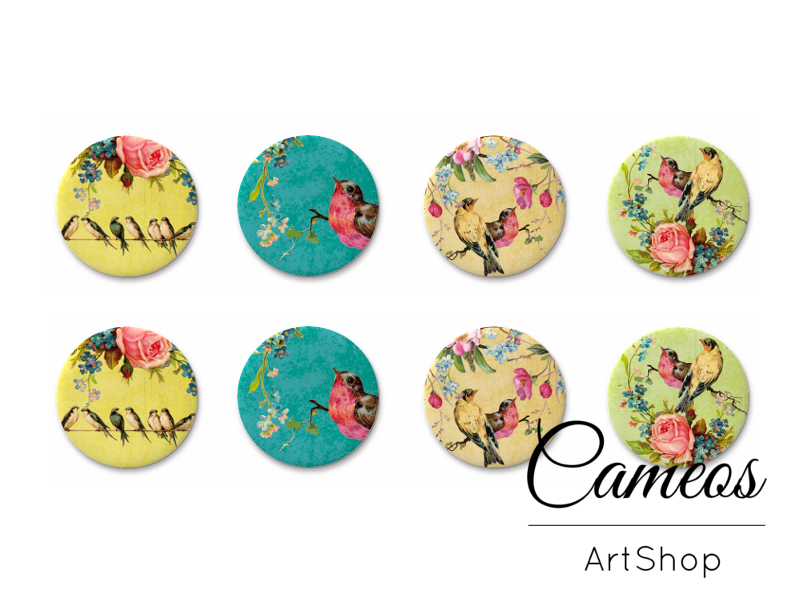 8 pieces round glass cabochons 8mm up to 18mm, Birdss Motive- C1555 - Cameos Art Shop