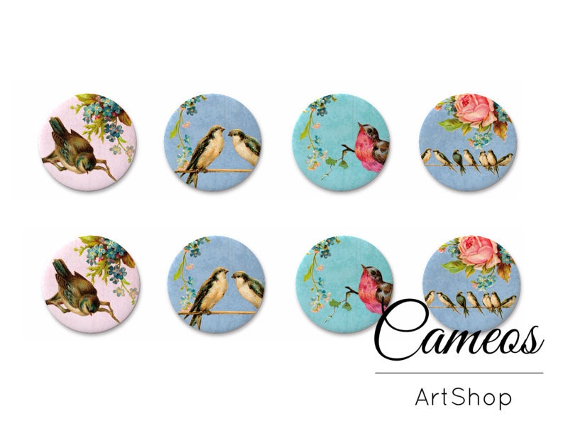 8 pieces round glass cabochons 8mm up to 18mm, Birds Motive- C1556 - Cameos Art Shop