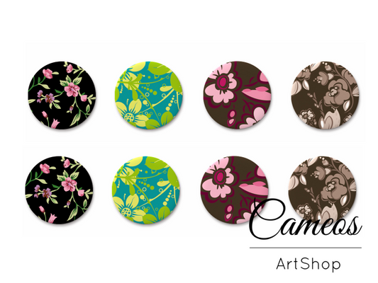 8 pieces round glass cabochons 8mm up to 18mm, Little Flowers Motive- C1557 - Cameos Art Shop
