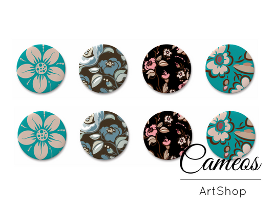 8 pieces round glass cabochons 8mm up to 18mm, Little Flowers Motive- C1558 - Cameos Art Shop