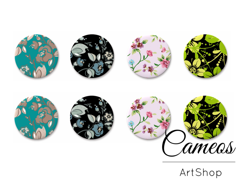 8 pieces round glass cabochons 8mm up to 18mm, Little Flowers Motive- C1559 - Cameos Art Shop