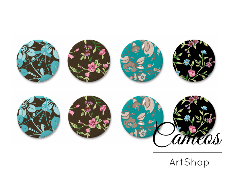 8 pieces round glass cabochons 8mm up to 18mm, Little Flowers Motive- C1560 - Cameos Art Shop