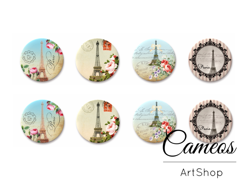 8 pieces round glass cabochons 8mm up to 18mm, Eiffel Tower Motive- C1561 - Cameos Art Shop