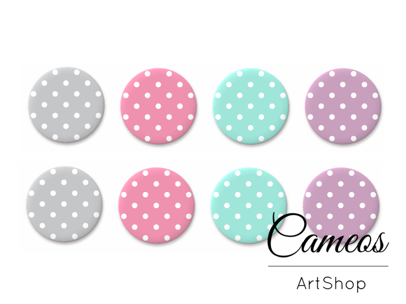 8 pieces round glass dome cabochons 8mm up to 18mm, Pastel Dots Motive- C1562 - Cameos Art Shop