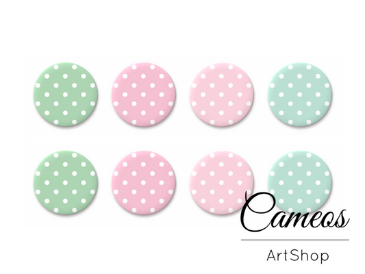 8 pieces round glass dome cabochons 8mm up to 18mm, Pastel Dots Motive- C1564 - Cameos Art Shop