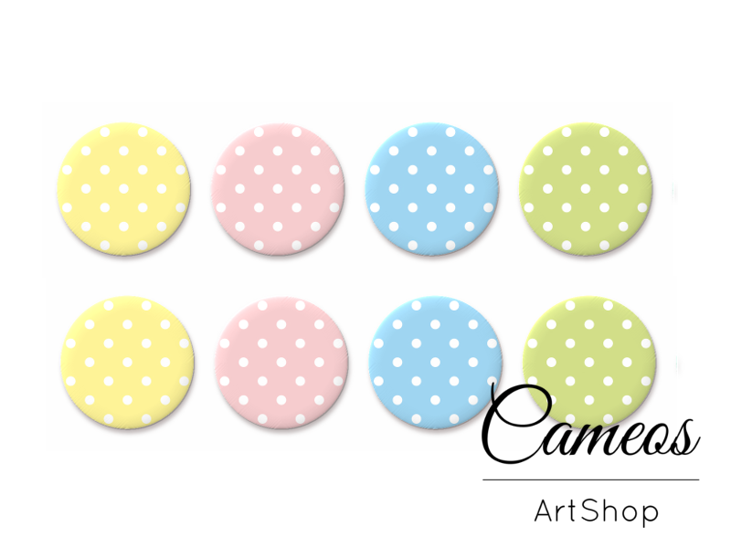 8 pieces round glass dome cabochons 8mm up to 18mm, Pastel Dots Motive- C1565 - Cameos Art Shop
