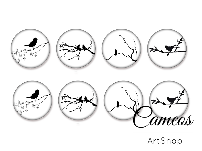 8 pieces round glass dome cabochons 8mm up to 18mm, Birds Motive- C1568 - Cameos Art Shop