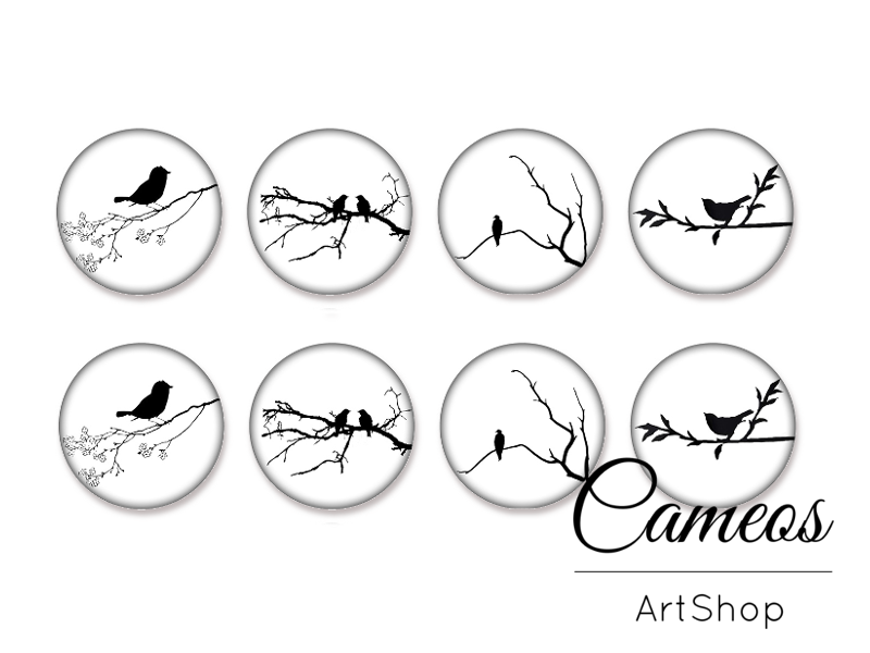 8 pieces round glass dome cabochons 8mm up to 18mm, Birds Motive- C1569 - Cameos Art Shop