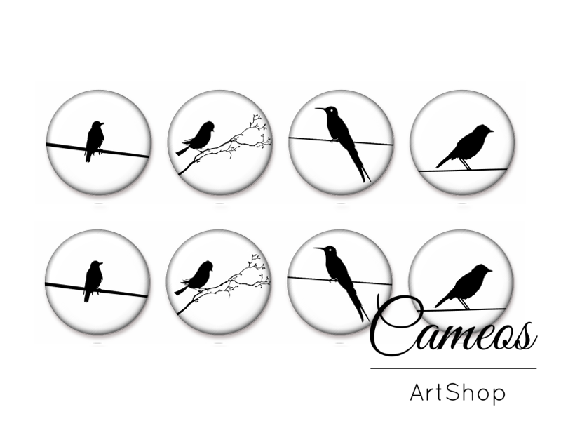 8 pieces round glass dome cabochons 8mm up to 18mm, Birds Motive- C1570 - Cameos Art Shop
