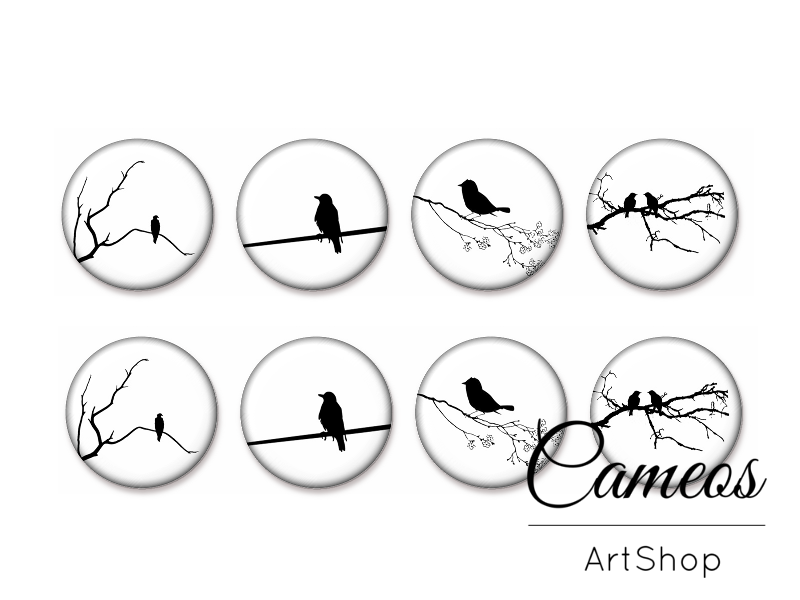 8 pieces round glass dome cabochons 8mm up to 18mm, Birds Motive- C1571 - Cameos Art Shop