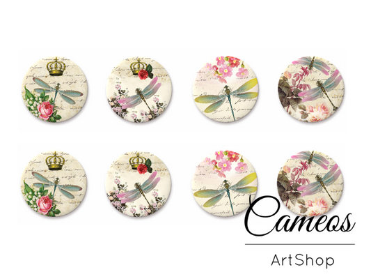 8 pieces round glass dome cabochons 8mm up to 18mm, Floral Motive- C1576 - Cameos Art Shop