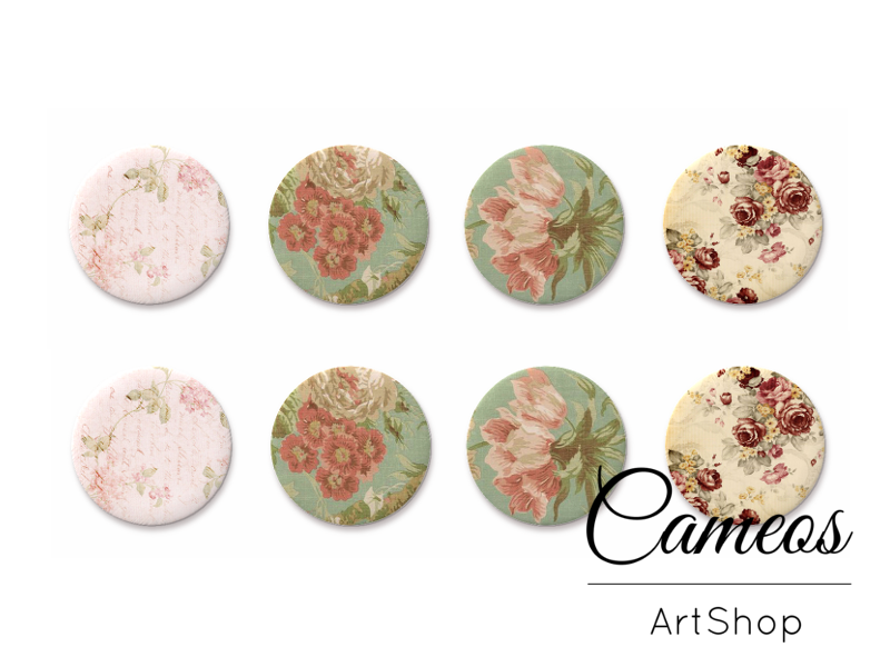 8 pieces round glass dome cabochons 8mm up to 18mm, Floral Motive- C1577 - Cameos Art Shop