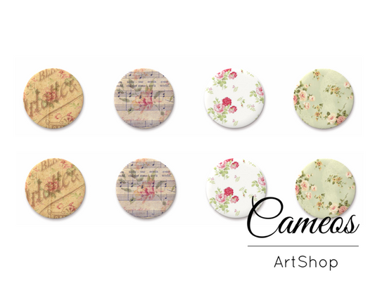 8 pieces round glass dome cabochons 8mm up to 18mm, Flowers Motive- C1578 - Cameos Art Shop