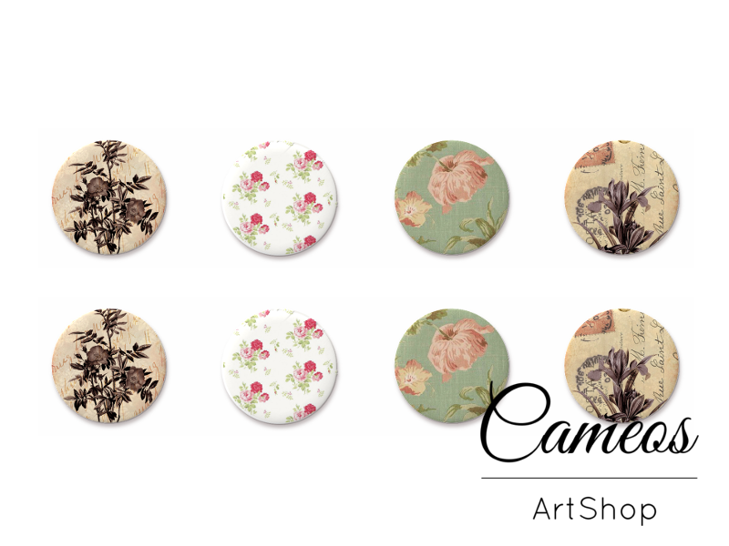 8 pieces round glass dome cabochons 8mm up to 18mm, Flowers Motive- C1580 - Cameos Art Shop
